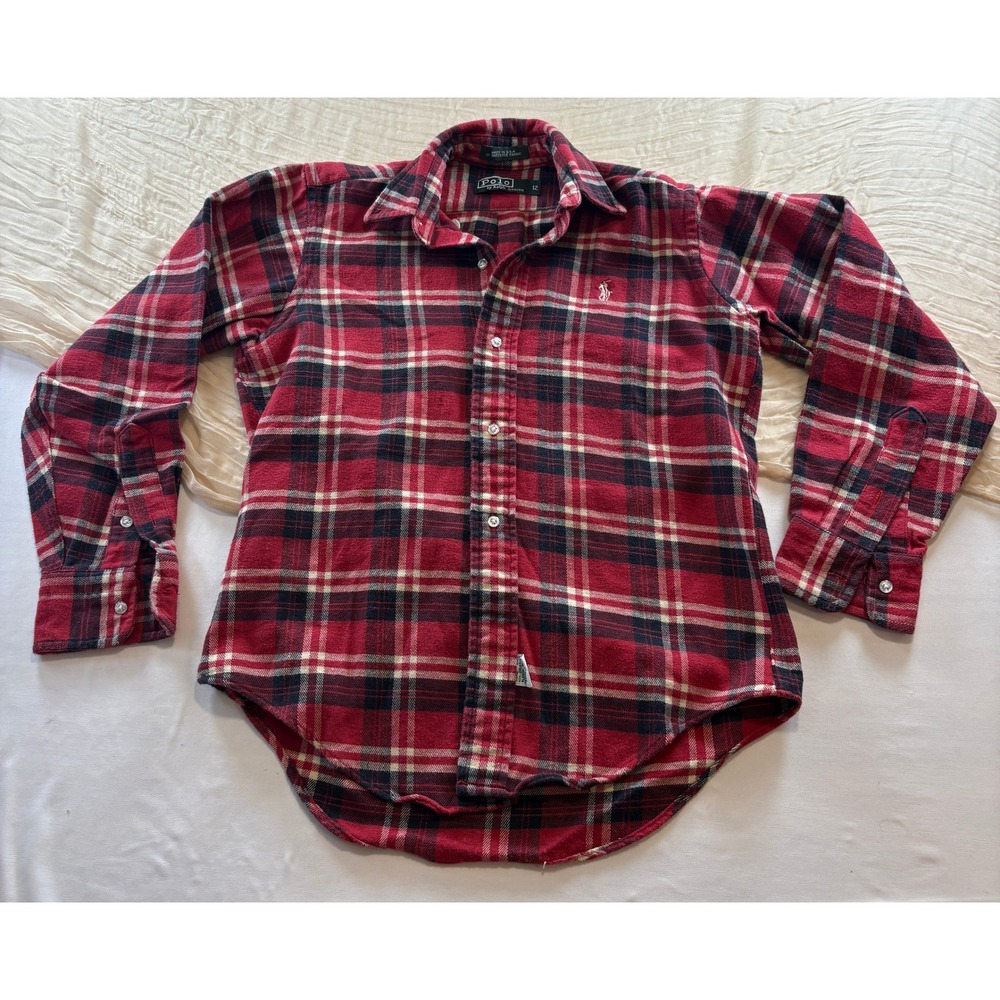 Vtg 90's Youth Polo by Ralph Lauren USA Made Red Plaid Pony Logo Top Sz12